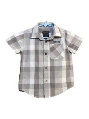 Kenneth Cole Toddler Boys Gray White Plaid Short Sleeve Button Down Shirt 3T